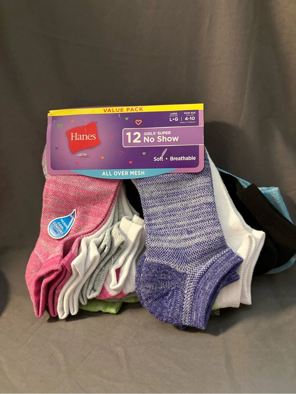 NWT Hanes Girls' 12-Pack No-Show Socks multi sku TR160 size Large shoe size 4-10